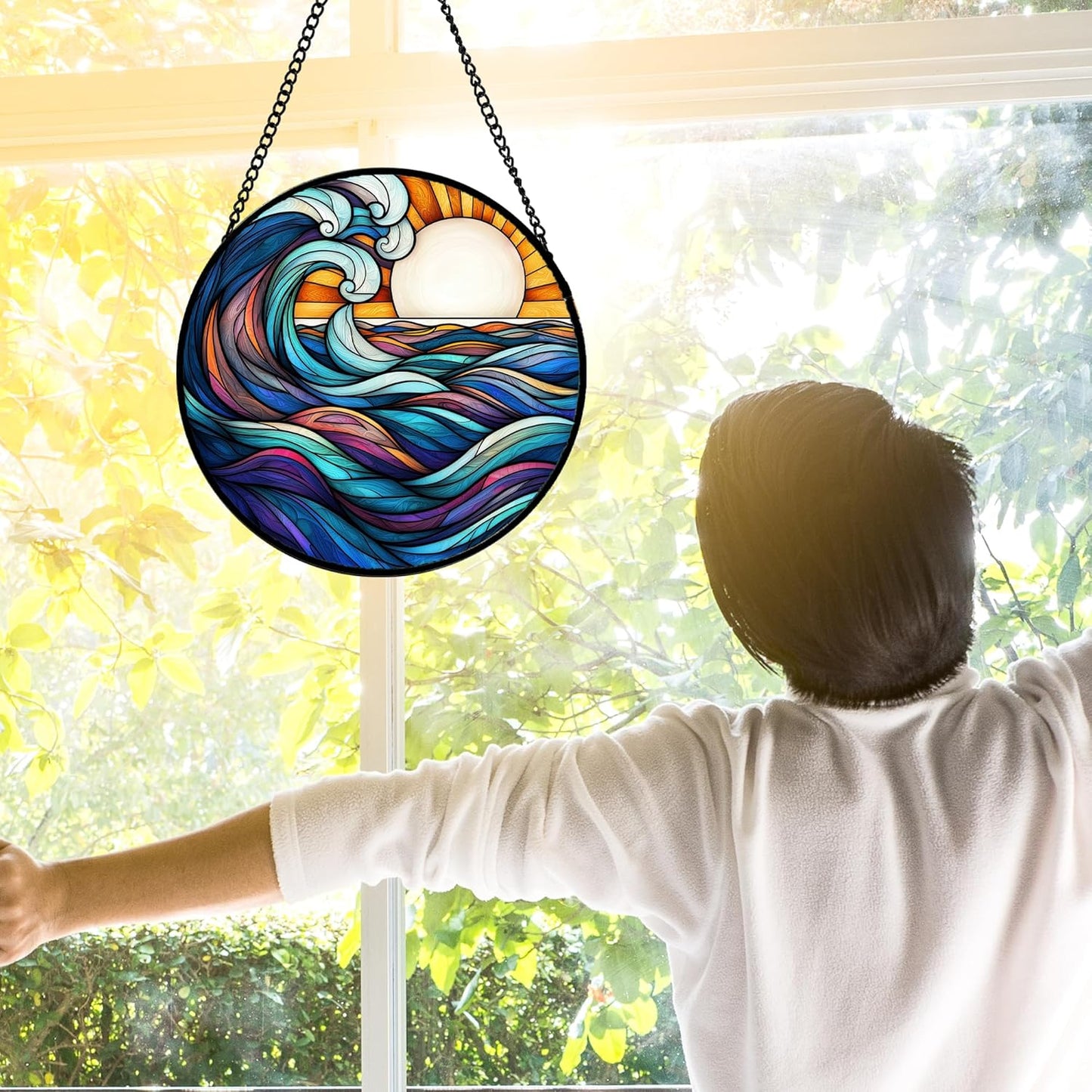 Stained Glass Window Hanging, Big Wave Sun Suncatcher Diamond Glass Panel Hangings Abstract Sun Catchers Decor for Birthday for Women, Men, Wife, Aunt, and Mom 7.8 in