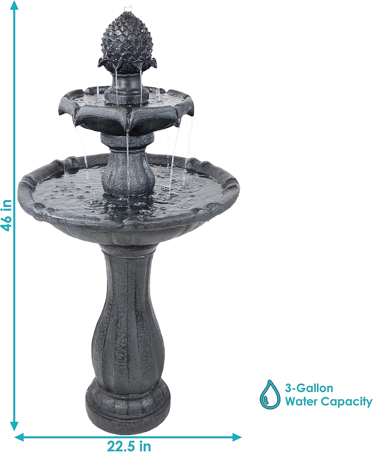 Sunnydaze Pineapple 46-Inch 2-Tier Outdoor Solar Fountain - Decorative Water Fountain with Pump for Garden, Patio, Yard or Balcony - Black