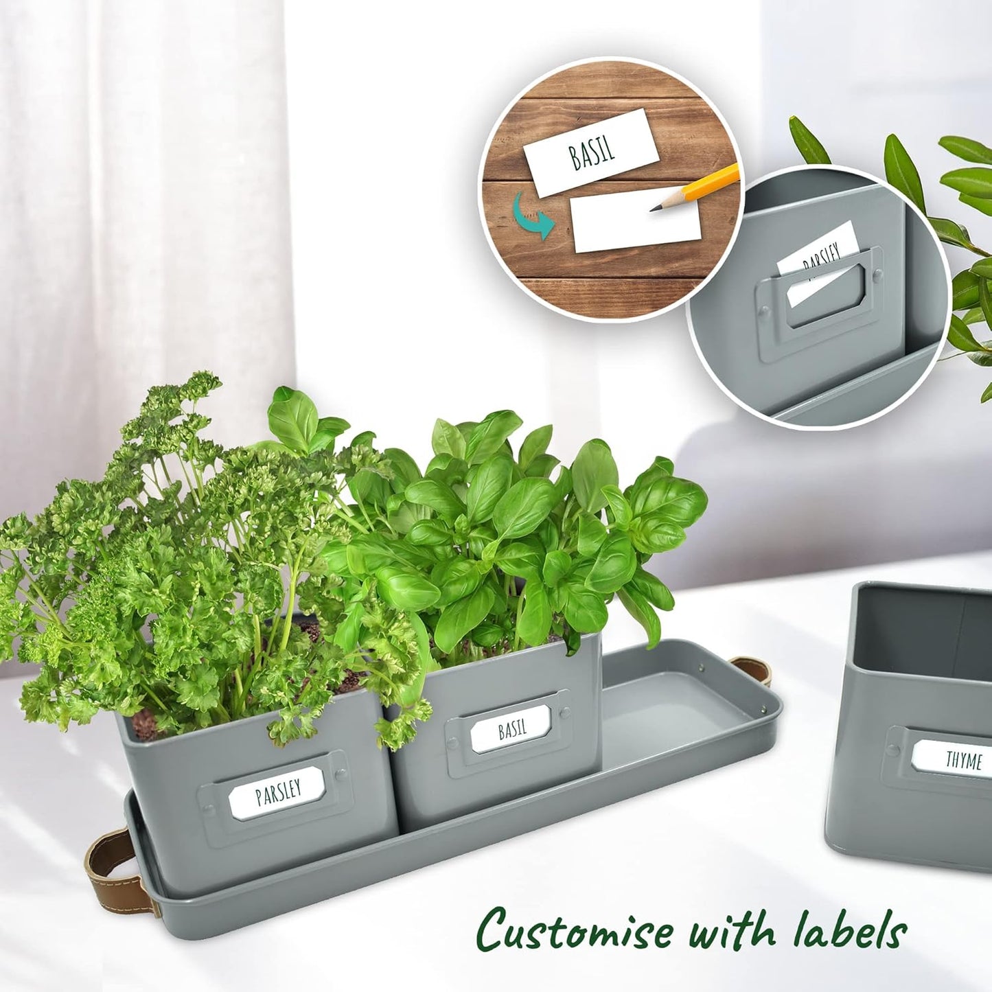 Herb Planter Indoor - Set of 3 Grey Indoor Herb Garden Pots for Plants with Leather Handled Tray - Window Sill Plant Shelf - Herb Pots with Drainage Holes and Labels