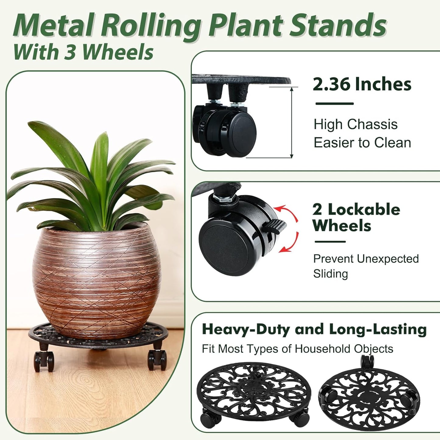 3 Packs 11 Inch Rolling Plant Stand with Wheels Wrought Iron Rolling Plant Stand with Casters Heavy Duty for Indoor Plants Rollers, Metal Round Plant Dolly