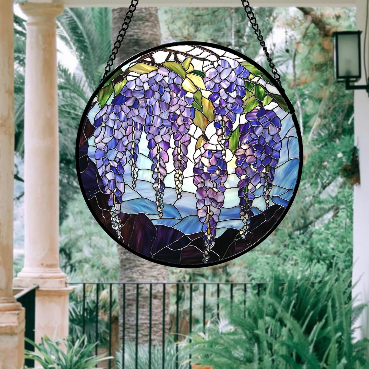 Stained Glass Window Hanging, Purple Wisteria Flowers Suncatcher for Doors Window Home Plant Sun Catchers Decoration Mother's Day Birthday Gifts for Women, Men, and Mom 9.8x9.8 in