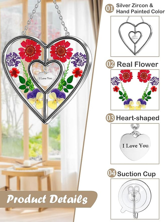 KY&BOSAM Heart Suncatchers I Love You Stained Glass Hangings for Windows Suncatcher Birthday Gifts for Women Mothers Valentine`s Day Real Flower Glass & Metal Maker for Christmas Party Home Decor