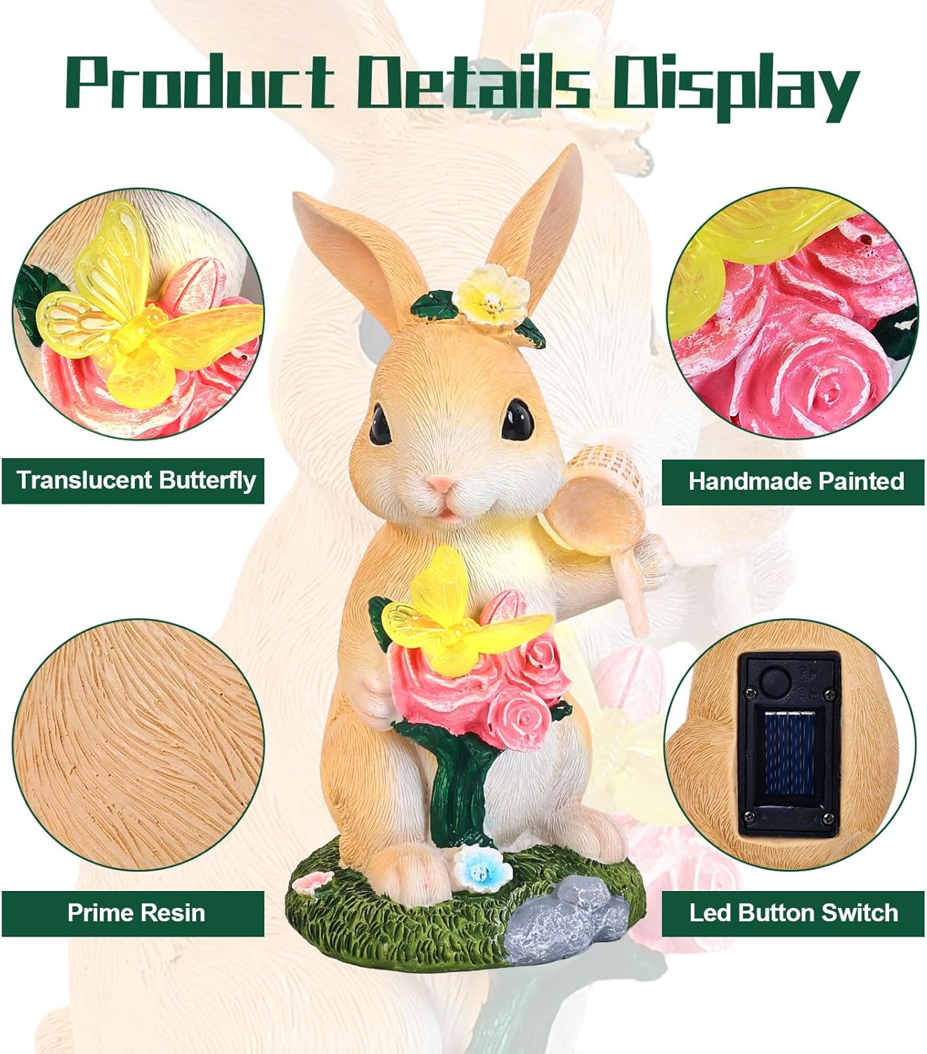 Garden Statues Rabbit with Solar Light,Bunny Outdoor Garden Decor Ornaments for Patio Yard Art,Birthday Easter House Warming Garden Gift for Women Mom,Resin Animal Figurine with Wider Base