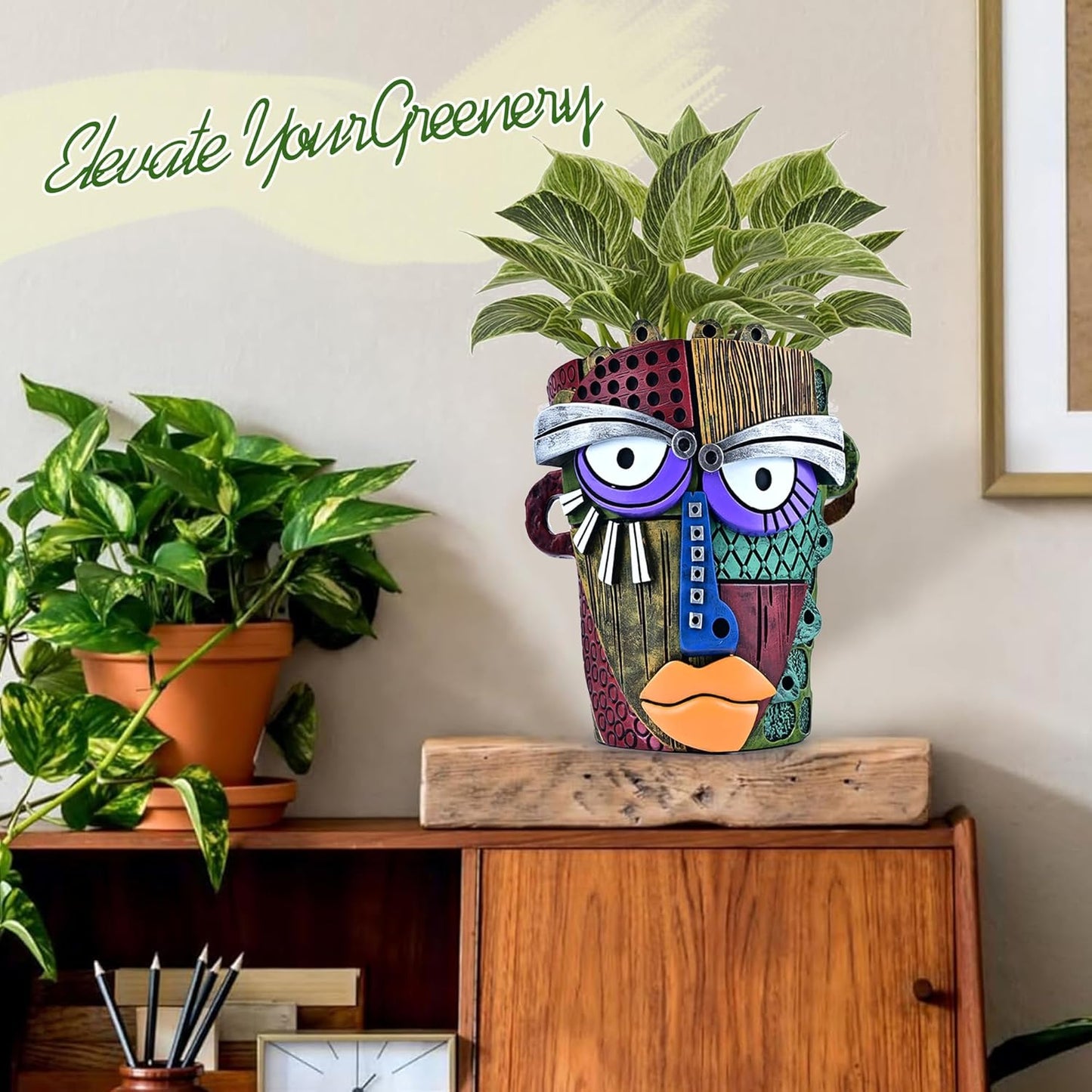 Bohemian Face Planter Pots for Plants,Hand-Painted Colorful Flower Pots with Drainage, Indoor Outdoor Garden Decor Gift(Classic,Large)