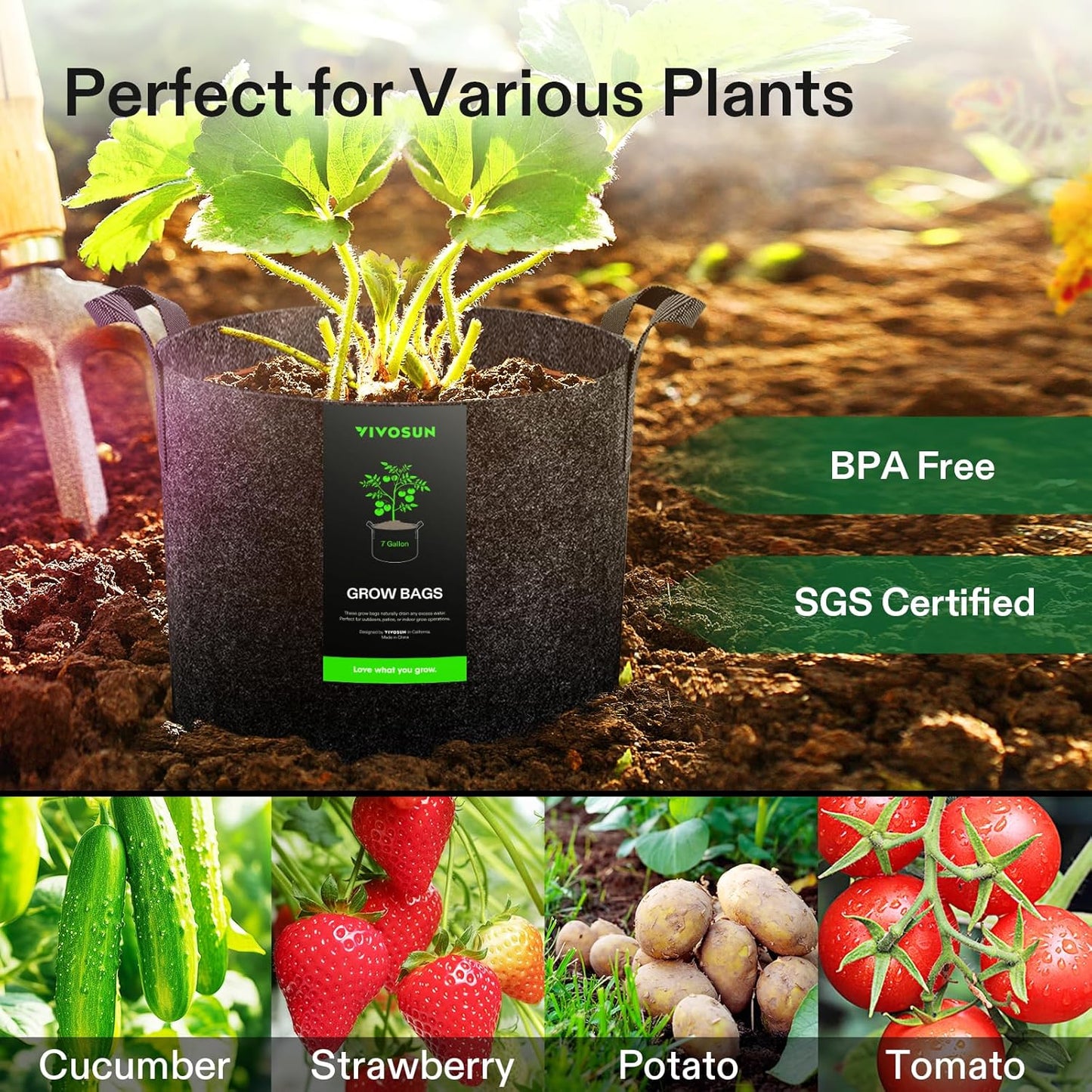 VIVOSUN 10-Pack 7 Gallon Grow Bags, Reinforced Planter Fabric Pots for Gardening Black