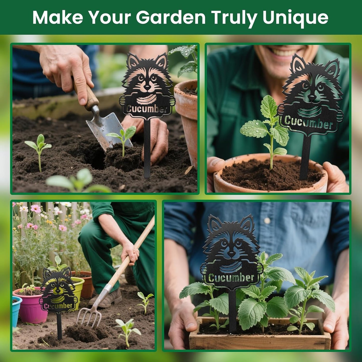 CUTHOLLOW Metal Plant Marker Stake Cucumber and Raccoon for Outdoor Indoor, Waterproof 11.8 inch Cute Garden Plant Labels Sign Tag for Vegetables, Farmhouse Greenhouse Decor - Funny Gardening Gifts