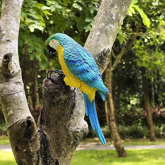 Realistic Parrot Sculpture Resin Hanging Parrots Garden Statues Lifelike Bird Figurines Landscape Ornament Patio Yard Lawn Figurine Tree Decor, Outdoor Garden Wall Statues (Blue)