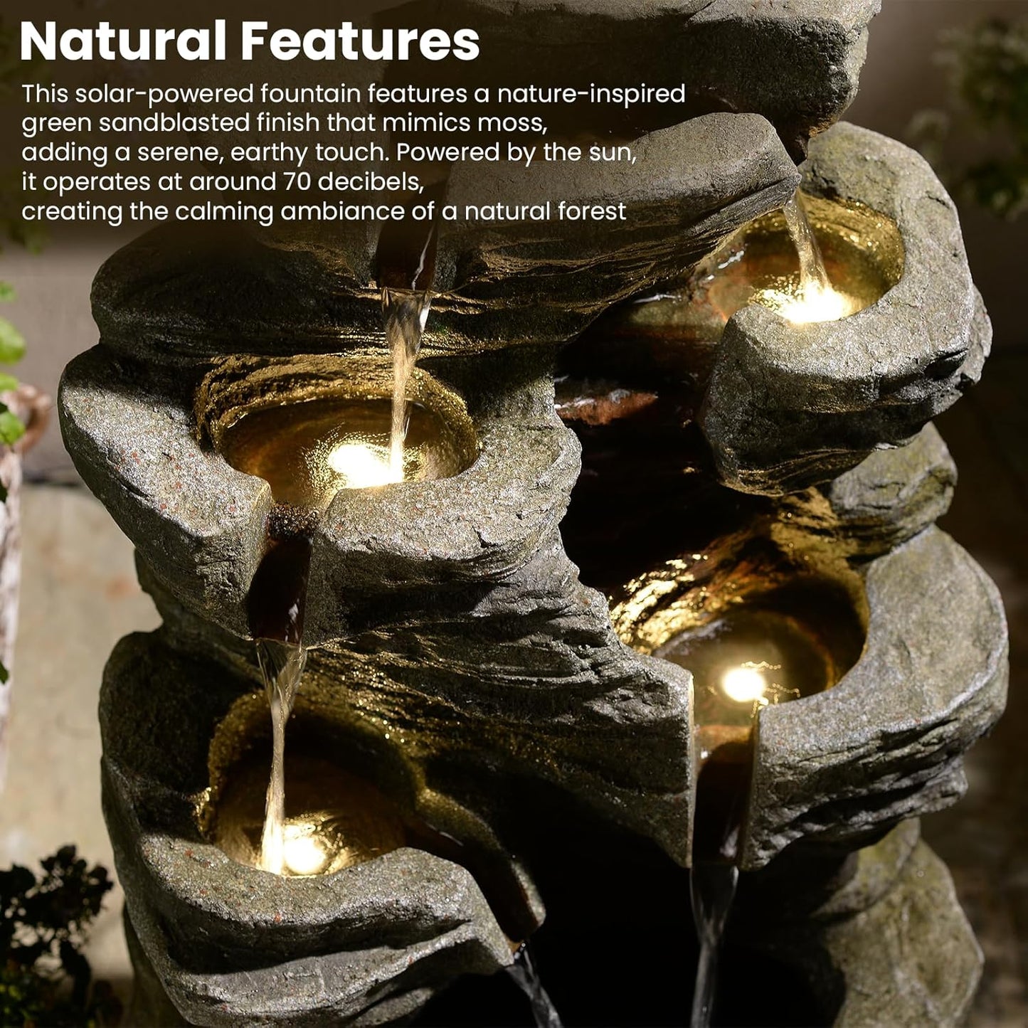 6-Tier Solar Water Fountain Outdoor, 24.4" H Cascading Rock Feature Garden Fountains and Waterfalls with Light, Pump, Solar Panel for The Patio, Deck, Porch, Backyard Home Décor, Stone Gray