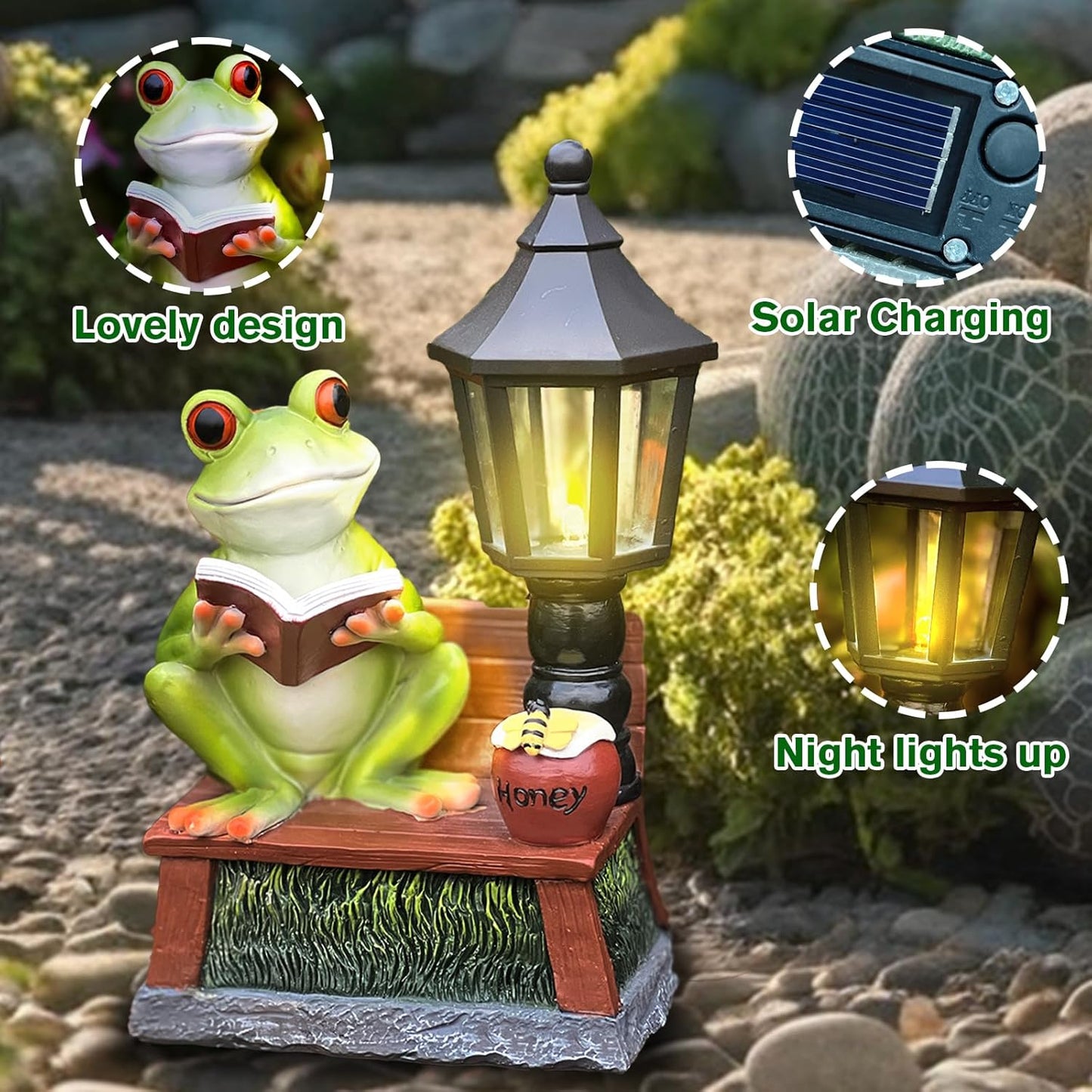 Frog Garden Statue Home Outdoor Decor - Solar Frogs Learning Sculptures Auto LED Waterproof Lights, Garden Outside Figurine Ornament, Women/Gardening/Housewarming Gift for Yard/Pond