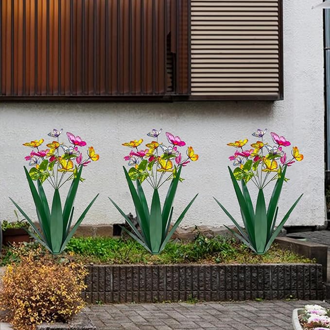 Garden Outdoor Butterfly Enlarge Thickened Wind Resistant Metal Agave Garden Art Metal Plant Country Sculpture Statue Decorations Ornaments Artificial Waterproof Butterflies(Green 2pcs)