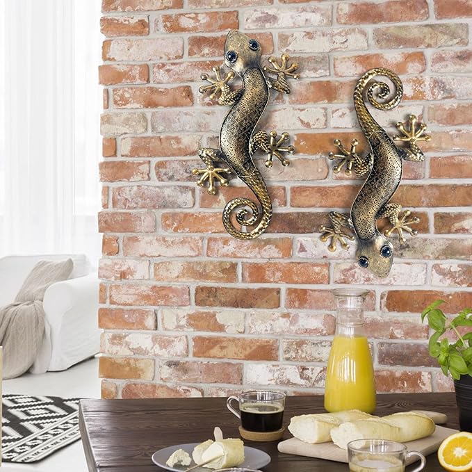 LIFFY Gecko Metal Wall Art Decor 2 Pack 15 Inch - Indoor & Outdoor Lizard Wall Art Hanging Sculpture for Home and Garden