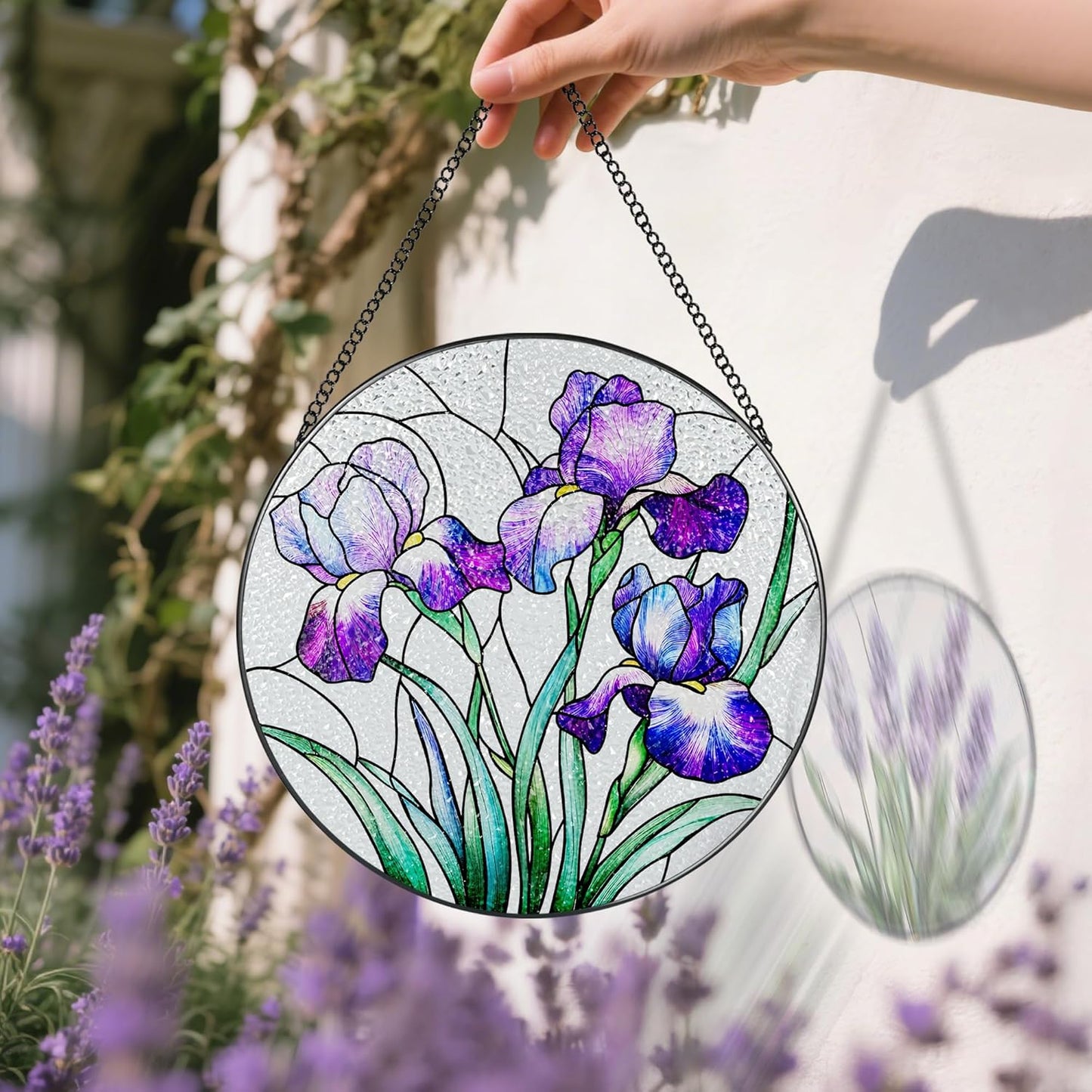 Stained Glass Window Hanging, 8 Inch Purple Irises Stained Glass Suncatcher, Flower Sun Catchers Indoor Window, Iris Flowers Gift, Flower Lovers Gifts, Housewarming Gift, Gifts for Her or Women