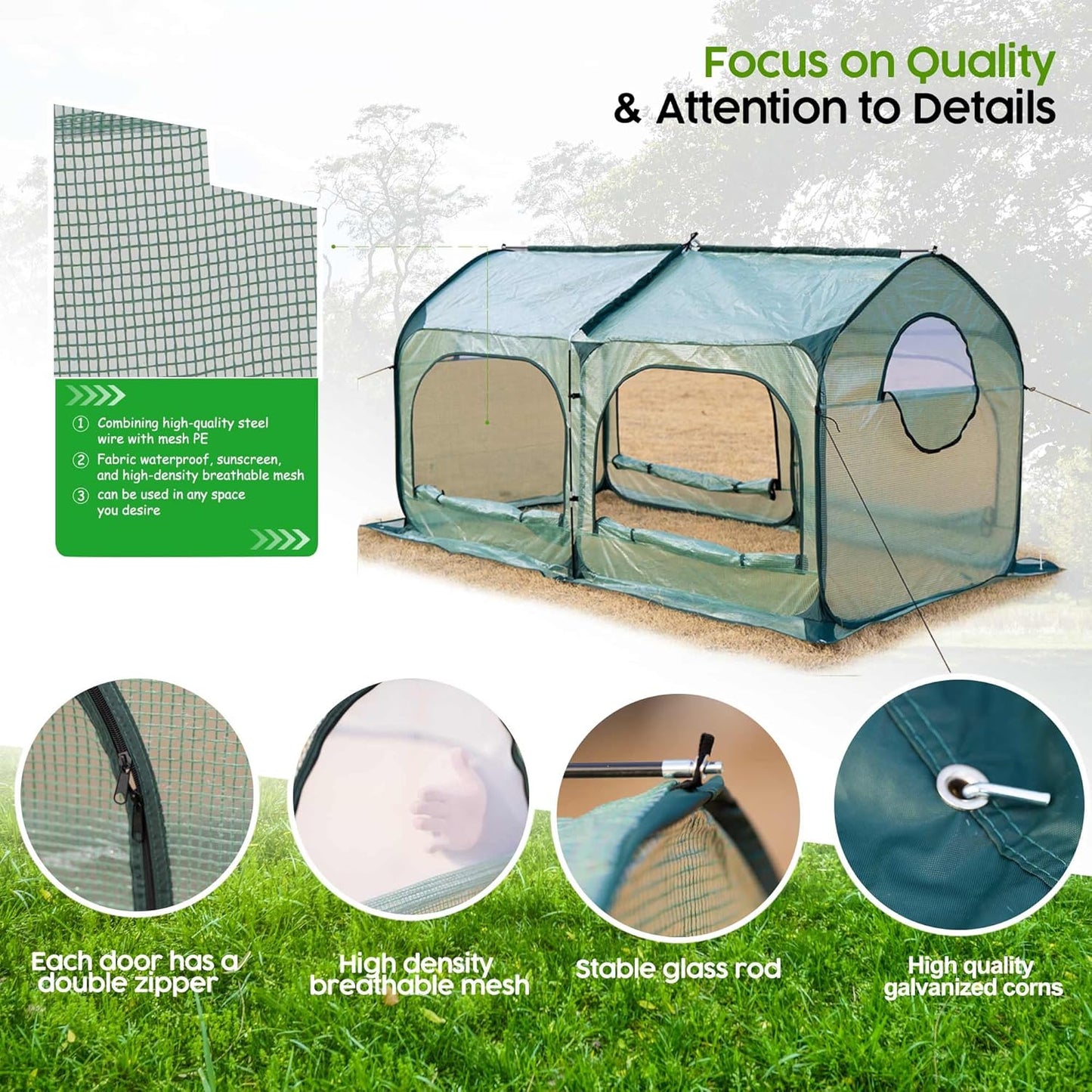 Pop up Greenhouse Tent Cover Tunnel Plant House,Large Gardening Flower Sunshine Room with Mesh Windows,Backyard PE Cover for Cold Frost Protector with Stakes and Rope Guys (Large Size)