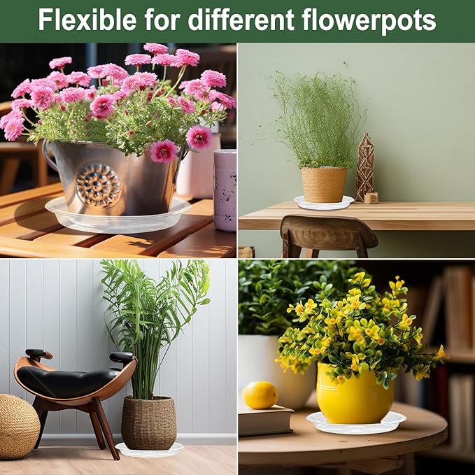 BORPEIN Plant Saucer (6,8,10,12inch, 24 Pack) Clear Plastic Plant Trays for Pots Indoors Outdoors, Thicker Flower Pot Saucers, Plant Plate to Catch Water