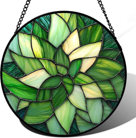 Stained Glass Window Hanging - Green Plants Suncatcher for Doors Garden Patio Flowers Sun Catchers Decor Christmas Mother's Day Birthday Gifts for Women Men Mom Nana Friend 15 in