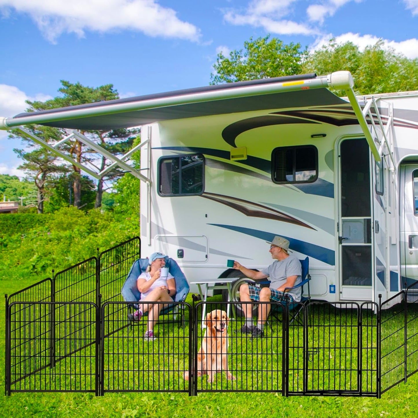 ADAVIN 40 in(H) Garden Fence with Low Threshold Door, Dog Fence Outdoor for Yard, 8 Panels Total 17.7 Ft(L) Dog Playpen，Black Metal Dog Play Pen Indoors, Pet Puppy Playpen for Camping, Dog Fencing