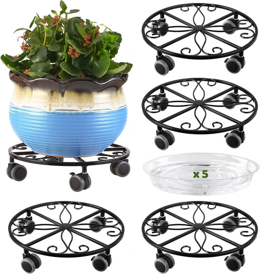 5 Pack Plant Caddy with Wheels Heavy Duty 13.5 Inches Metal Plant Stand with Wheels Plant Dolly Rolling Plant Stand Plant Roller with Casters for Indoor and Outdoor, Black