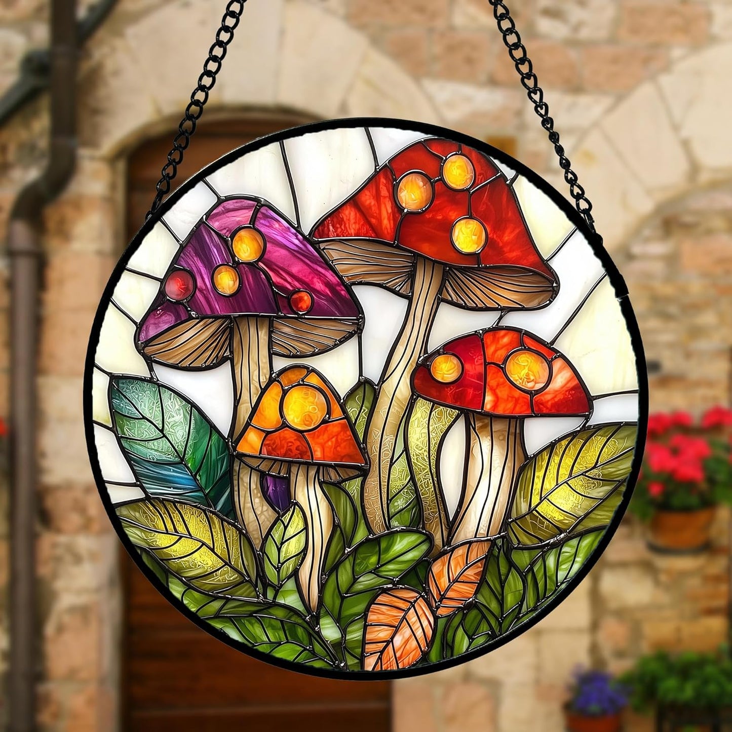Stained Glass Window Hanging, Mushroom Leaves Suncatcher for Doors Home Sun Catchers Decoration and Christmas, Mother's Day Birthday Gifts for Women, Men, and Mom 11.8x11.8 in