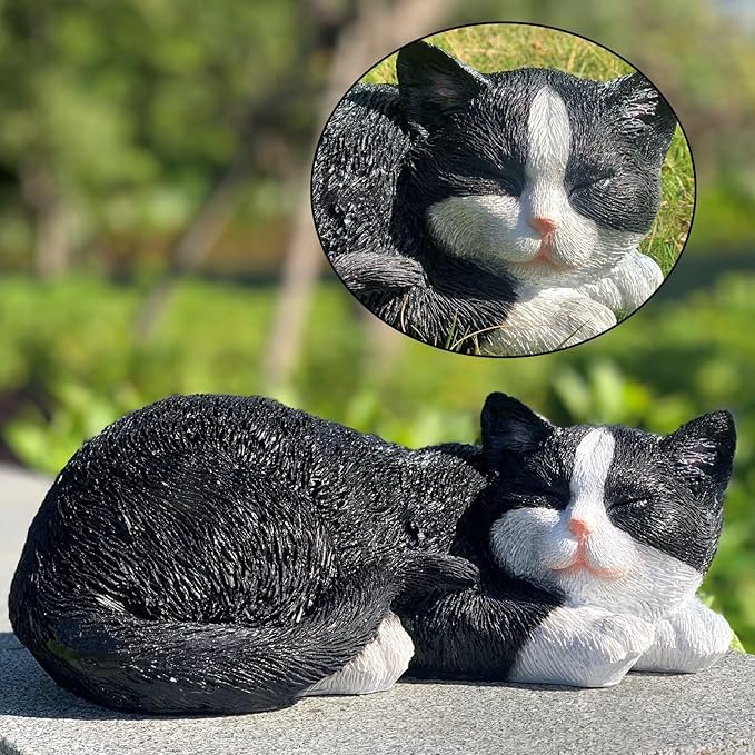 Cat Statue Outdoor Cat Figurines Garden Decor, Black Cat Statue Figurine Decor Sculpture for Patio, Yard, Sleeping Cat Statues for Indoor Table Accessory, Gift for Mom