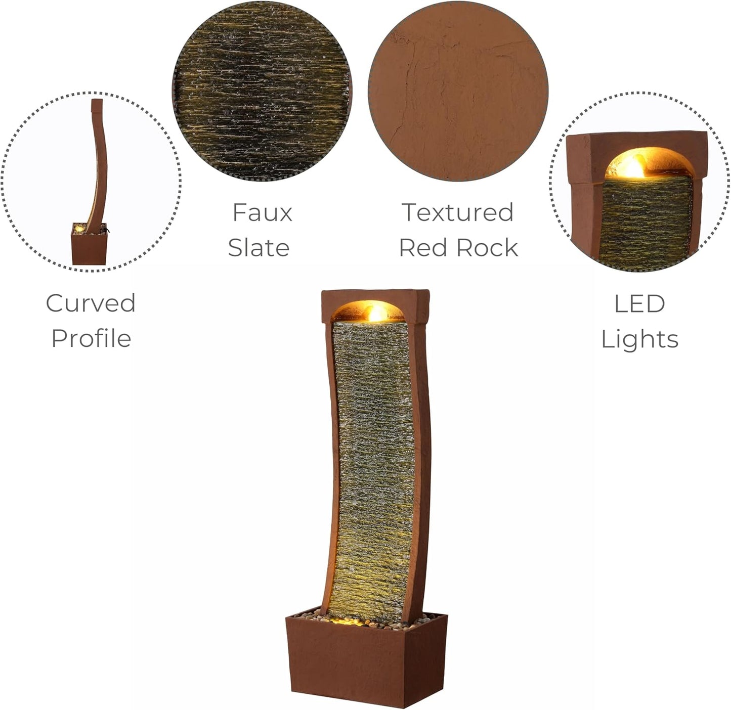 Teamson Home 38.5" Indoor/Outdoor Modern Curved Faux Slate Waterfall Fountain with LED Lights, Red Rock