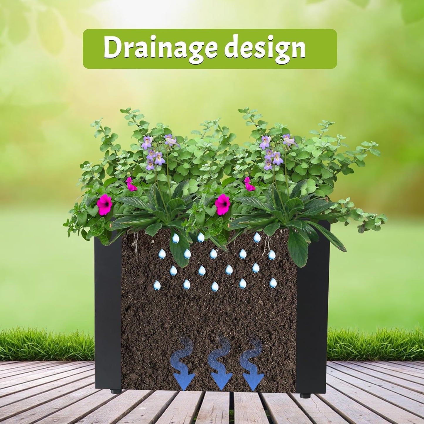 Metal Planter Box Rectangular Planter, 15.7" Lx 9.8" Wx 11.8" H Black Small Planters with Drainage Holes, Galvanized Steel Tall Planters for Patio/Porch