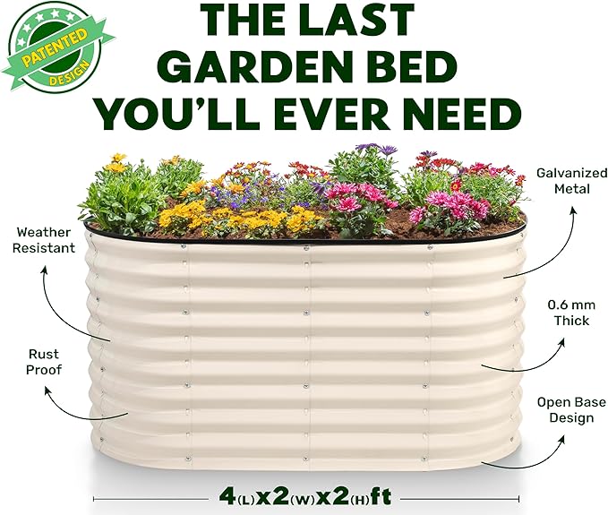 Galvanized Raised Garden Beds Outdoor // 4×2×2 ft Planter Raised Beds for Gardening, Vegetables, Flowers // Large Metal Garden Box (White) // Patented Tool-Free Design
