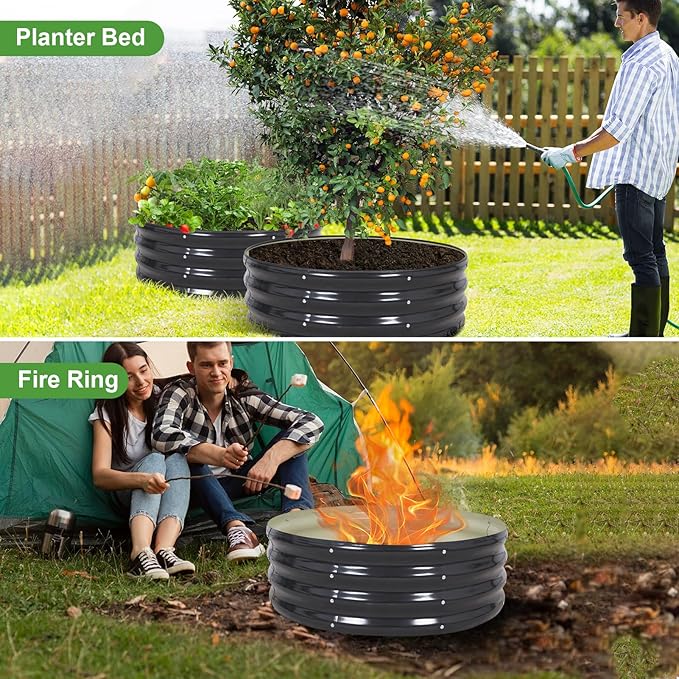 Galvanized Raised Garden Bed- 2Pcs 3x3x1FT Metal Planter Boxes Outdoor | Round Steel Raised Bed Kit & Fire Pit Ring for Gardening with Protective Tape, Gloves for Vegetables, Flower (Grey)