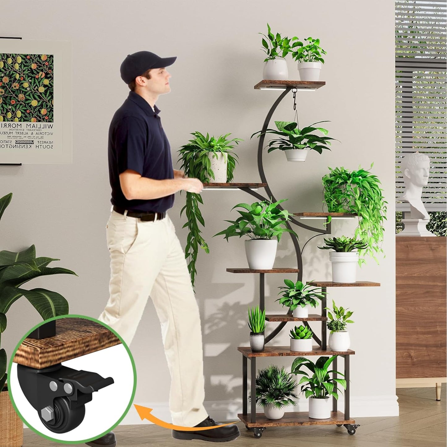 Plant Stand Indoor with Grow Lights, 8 Tiered Indoor Plant Shelf with Wheels, 62" Lighted Corner Plant Stands for Indoor Growing, Large Flower Holder for Living Room, Balcony, Black