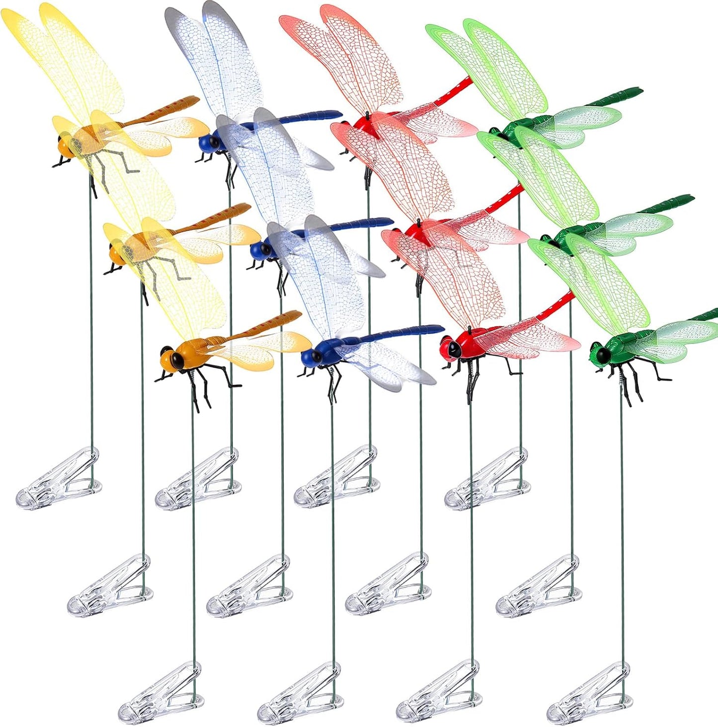 12 Pcs Colorful Dragonfly Clips 3D Simulation Dragonfly Garden Stakes Decor Deer and Horse Fly Deterrent, Bird Fly Scare Devices for Patio Garden Decoration