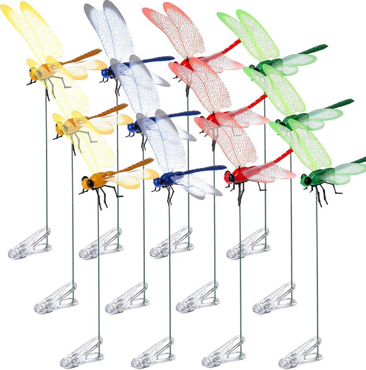 12 Pcs Colorful Dragonfly Clips 3D Simulation Dragonfly Garden Stakes Decor Deer and Horse Fly Deterrent, Bird Fly Scare Devices for Patio Garden Decoration
