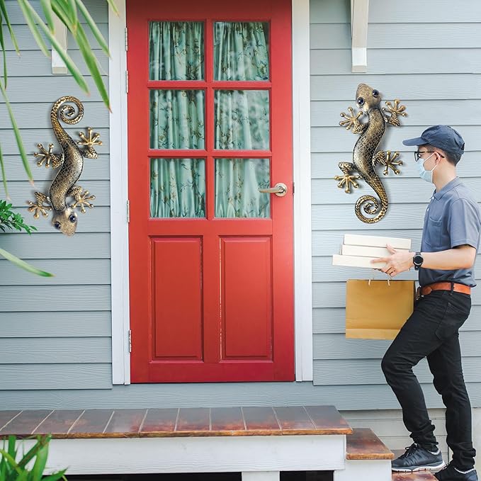 LIFFY Gecko Metal Wall Art Decor 2 Pack 15 Inch - Indoor & Outdoor Lizard Wall Art Hanging Sculpture for Home and Garden