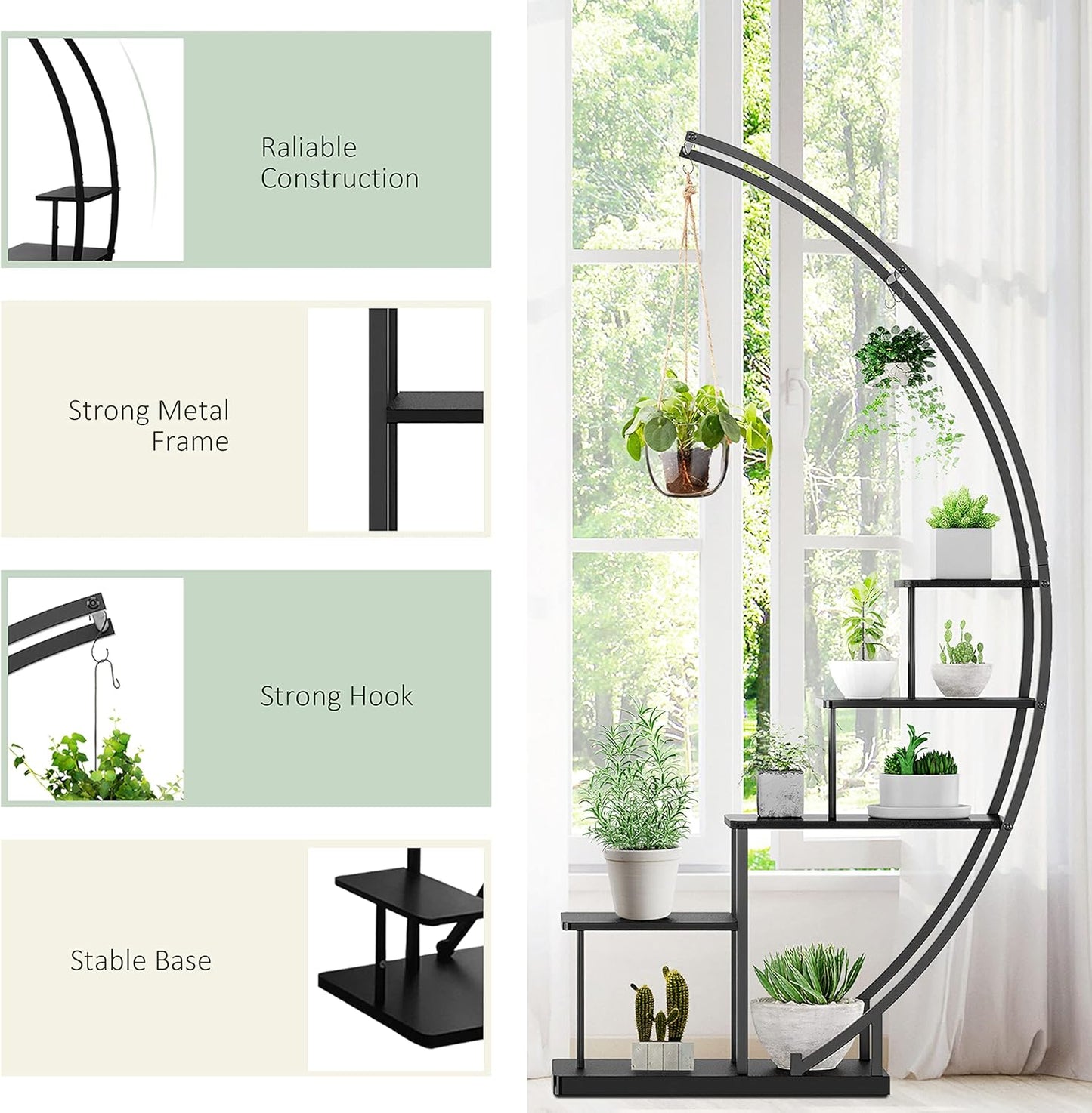 5 Tier Metal Plant Stand Indoor, 67.25“ Tall Half Moon Shape Multiple Stand Holder Shelf Planter Display, Hanging Shelf Flower Stand Ladder for Patio Garden Living Room, Black Set of 2