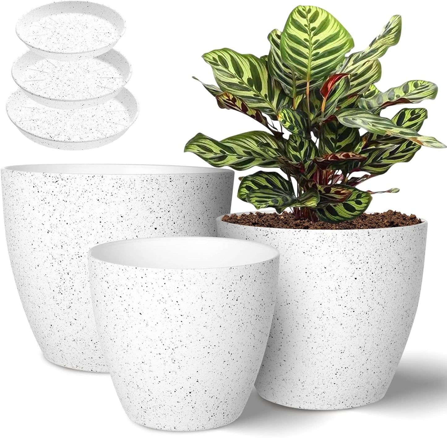 Vanavazon Plant Pots 9/8/7 Inch Set of 3 Flower Pots Indoor Outdoor Plastic Planters with Drainage Hole and Tray (Speckled White)