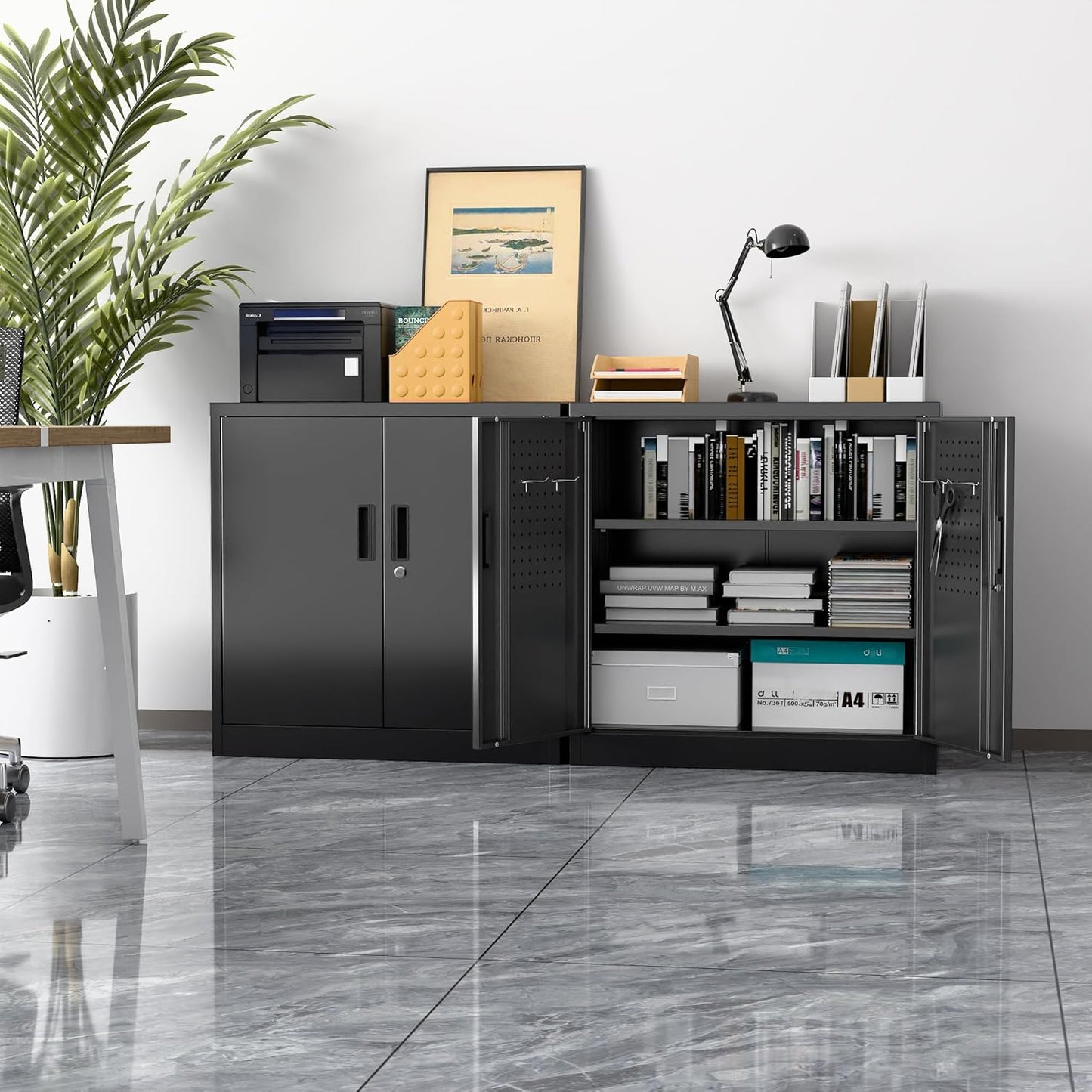 Metal Storage Cabinet, Garage Storage Cabinet with 2 Lockable Doors and 2 Adjustable Shelves, Steel File Cabinets with Lock and Pegboard for Home, School, Office, Garage, Black