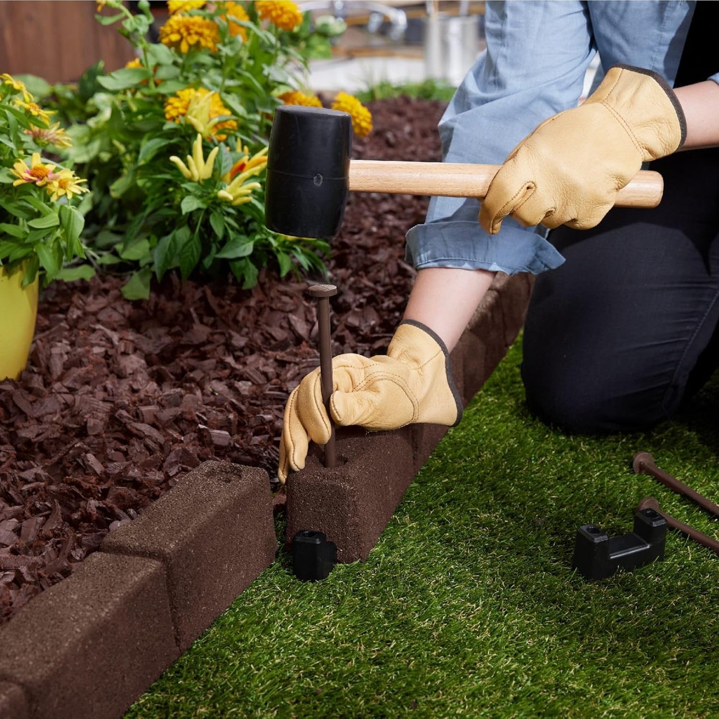 Rubberific 4' Rubber Cobblestone Flexible No Dig Landscape Mulch Border Edging with Anchoring Spikes for Lawns, Gardens, and Flower Beds (6, Brown)