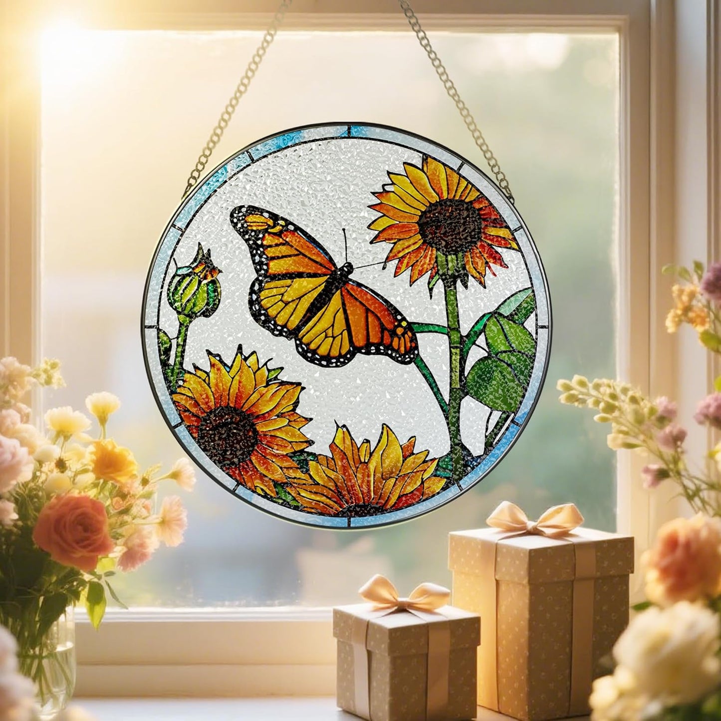 Stained Glass Window Hanging, 8 Inch Butterfly Sun Catchers Indoor Window, Suncatchers for Windows Hanging, Home Decoration and Christmas, Festival, Mother's Day, Birthday, Gifts for Women, Mom