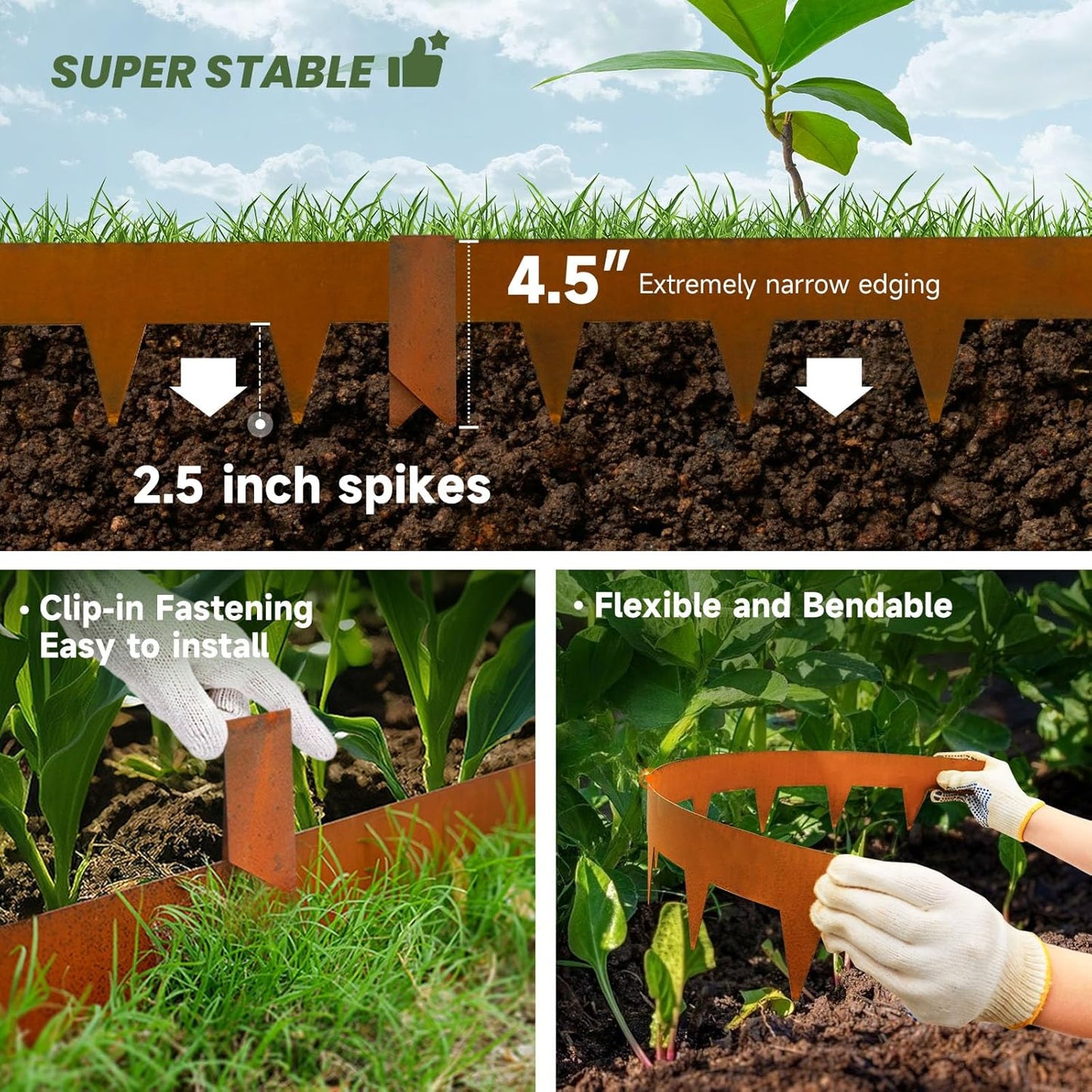 Corten Steel Landscape Edging-4.5" H X 40" L Metal Garden Edging-33FT-Landscape Lawn Edging 10 Pcs-No-Dig Hammer Heavy Duty Steel Edging-Bendable Border Strips for Lawn Yard GJWCVL-10 Clips