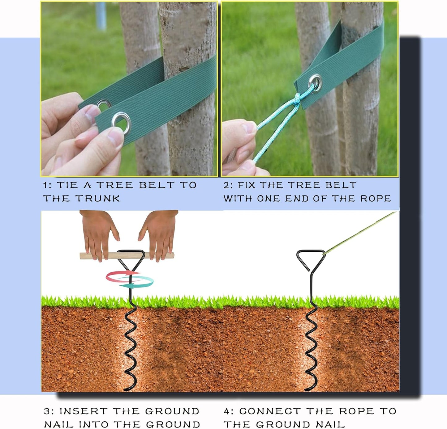 Tree Stake Kits, Tree Stakes and Supports Kits for Hurricane Protection & Bad Weather, Include 3 PCS 15.7" Heavy Duty Spiral Steel Tree Stakes, 3 PCS 15.8" Tree Straps and 3PCS 16.4FT Rope