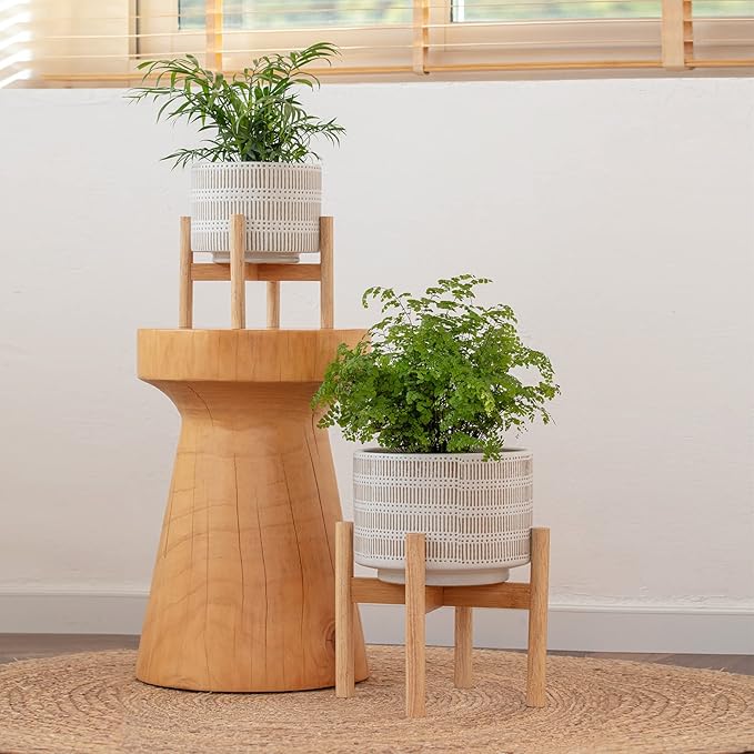 LA JOLIE MUSE Ceramic Plant Pot with Wood Stand - 9.4 Inch Modern Round Decorative Flower Pot Indoor with Wood Planter Holder, Beige & White
