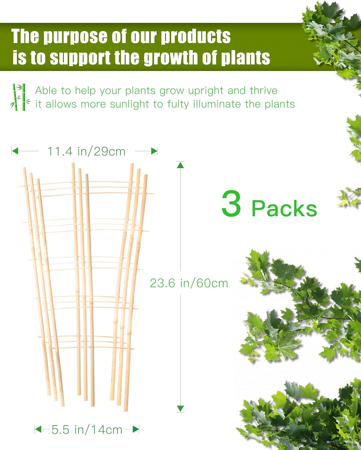 Bamboo Garden Trellis 24 Inch, 3 Pack Plant Trellis 2FT for Climbing Plants, Vines, Vegetables, Flowers, Potted Plants, Natural Bamboo Indoor Outdoor Support