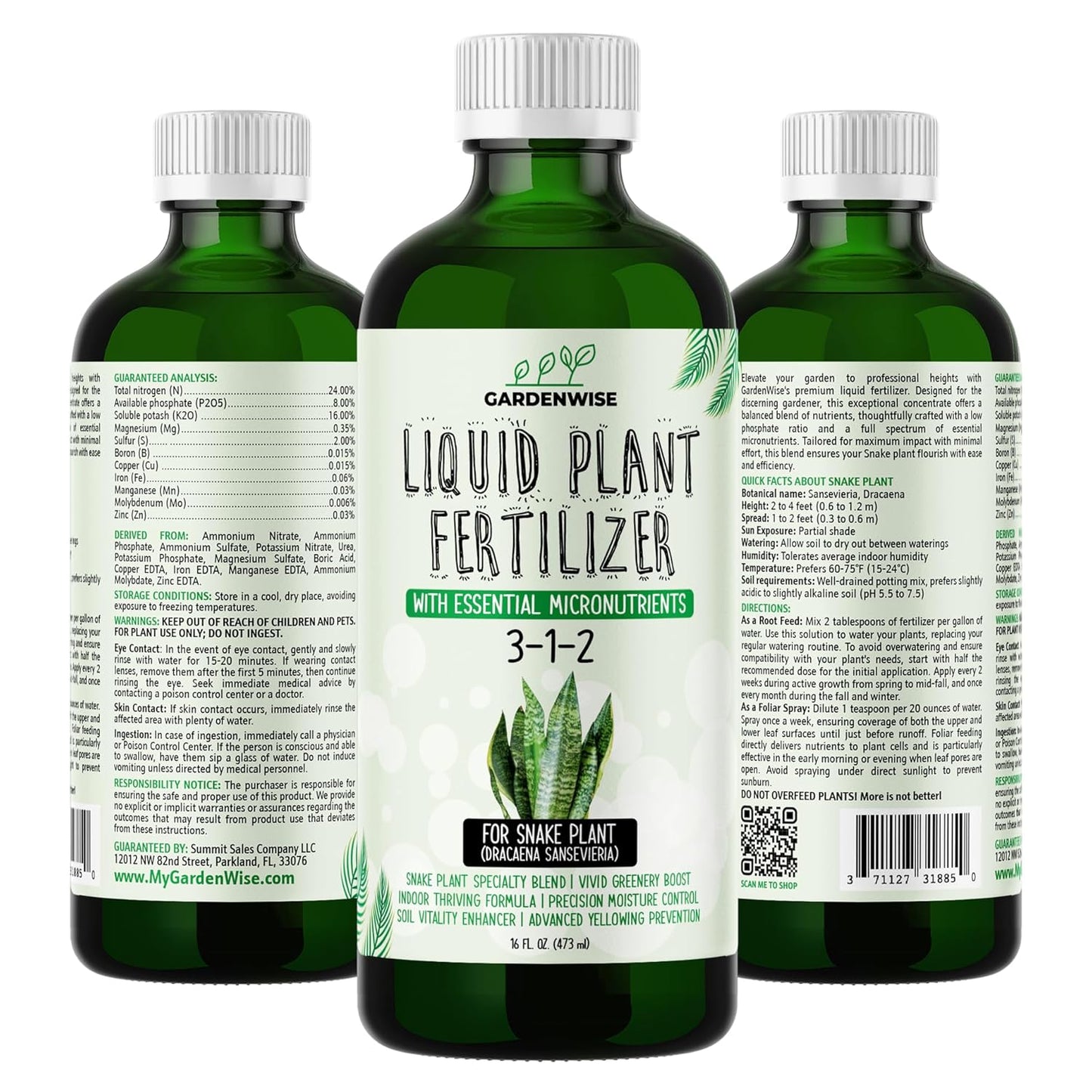 3-1-2 Liquid Fertilizer Concentrate with Micronutrients - Ideal Snake Plant Food for Sansevieria (Dracaena trifasciata), Indoor Plant Care (8 OZ)