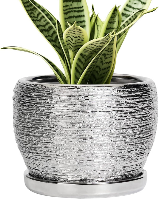 SQOWL Ceramic Plant Pots - 6 Inch Planter for Indoor Outdoor Plants, Modern Round Flower Pots with Drainage Hole and Saucer, Decorative Small Planter, Office Decor, Gifts for Women Men, Silver