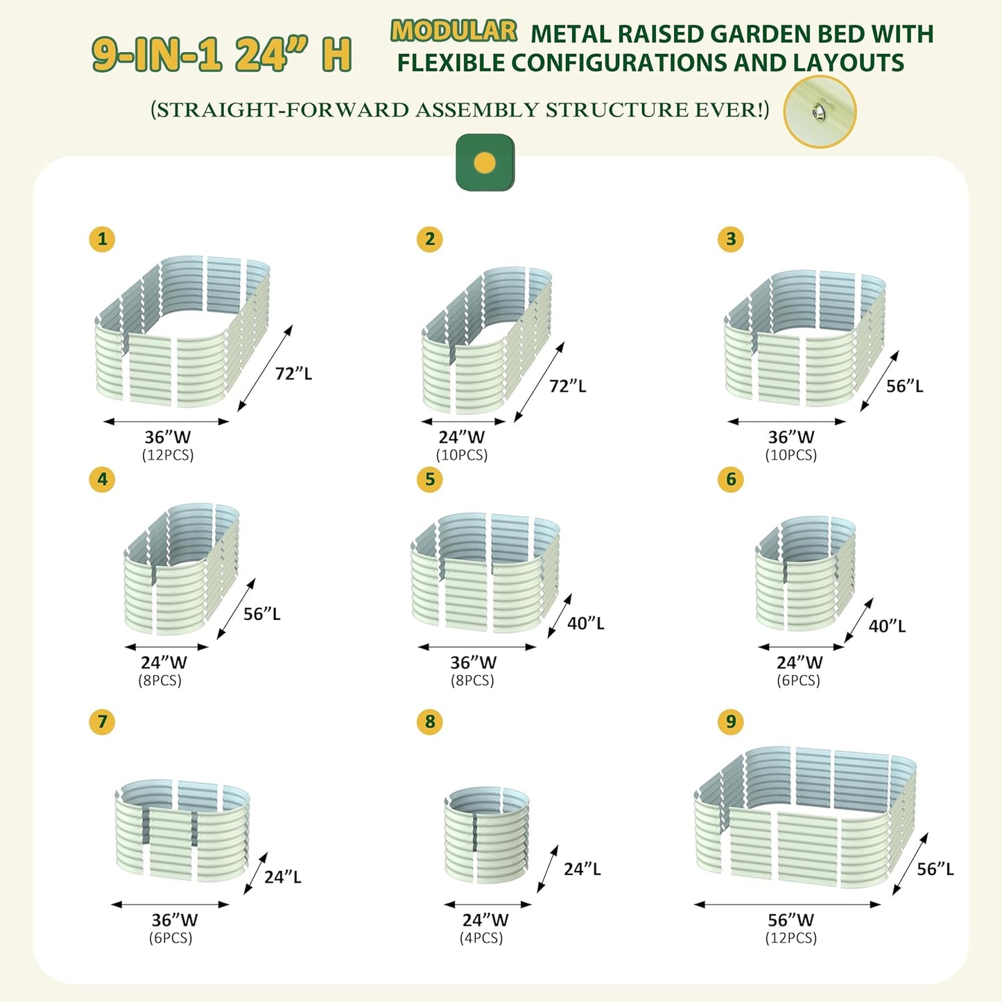 MUPATER 24''H Modular Garden Bed Outdoor for Vegetables, 9-in-1 Galvanized Steel Planter Box with 2 Aluminum Support Rods, 6x3x2FT Raised Garden Bed Kit Oval for Herbs and Flowers, Garden, Beige