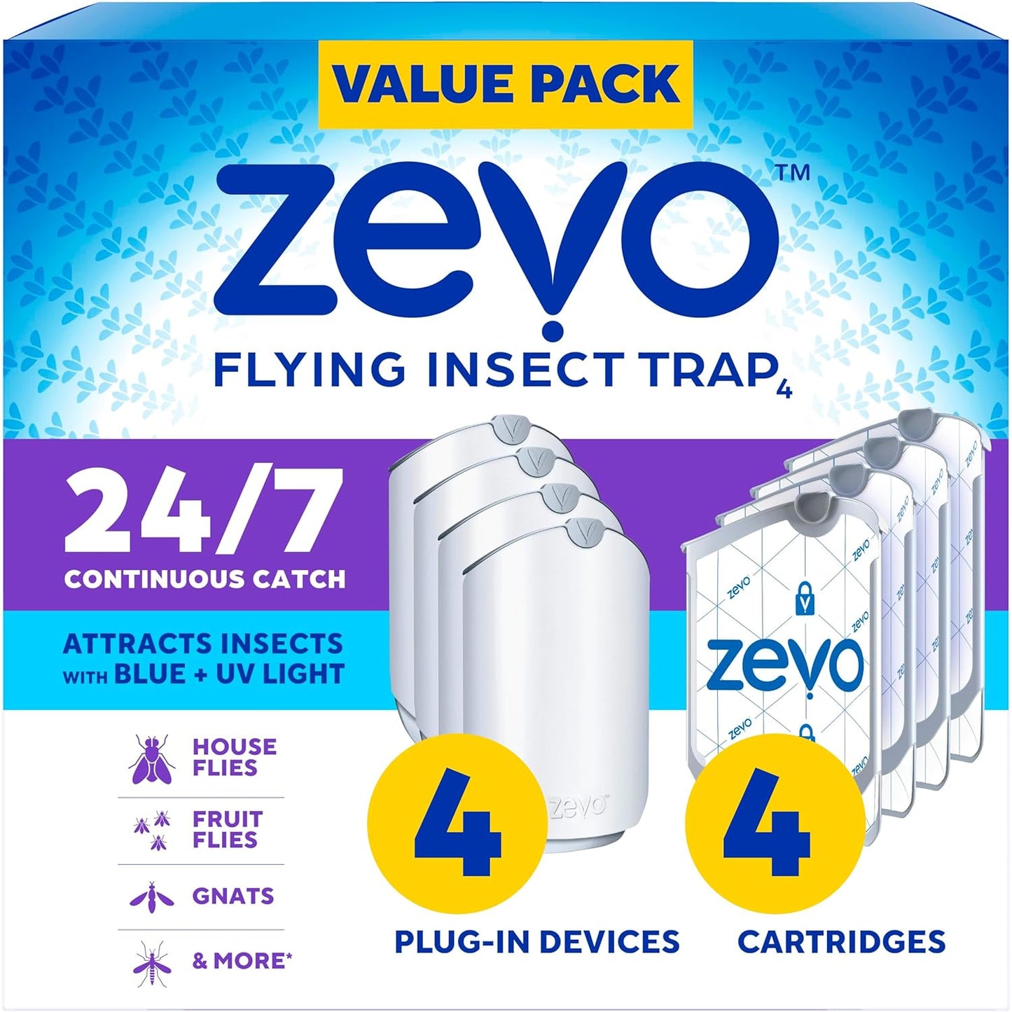Zevo 4 Flying Insect Traps & 4 Cartridges - Plug In Fly Trap & Indoor Bug Catcher for Gnats, House & Fruit Flies - Mess-Free - Use in Any Room - Uses Blue & UV Light (4 Plug In Devices & 4 Cartridges)
