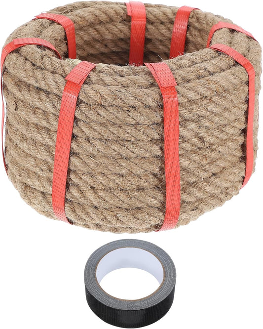 MECCANIXITY Jute Rope 0.55 Inch x 44ft, Thick Twine Rope Ropes Braided Jute Twine Natural Brown Burlap Cord String Heavy Twisted with Tape for Decorative Crafts Railing Swing Tug of War