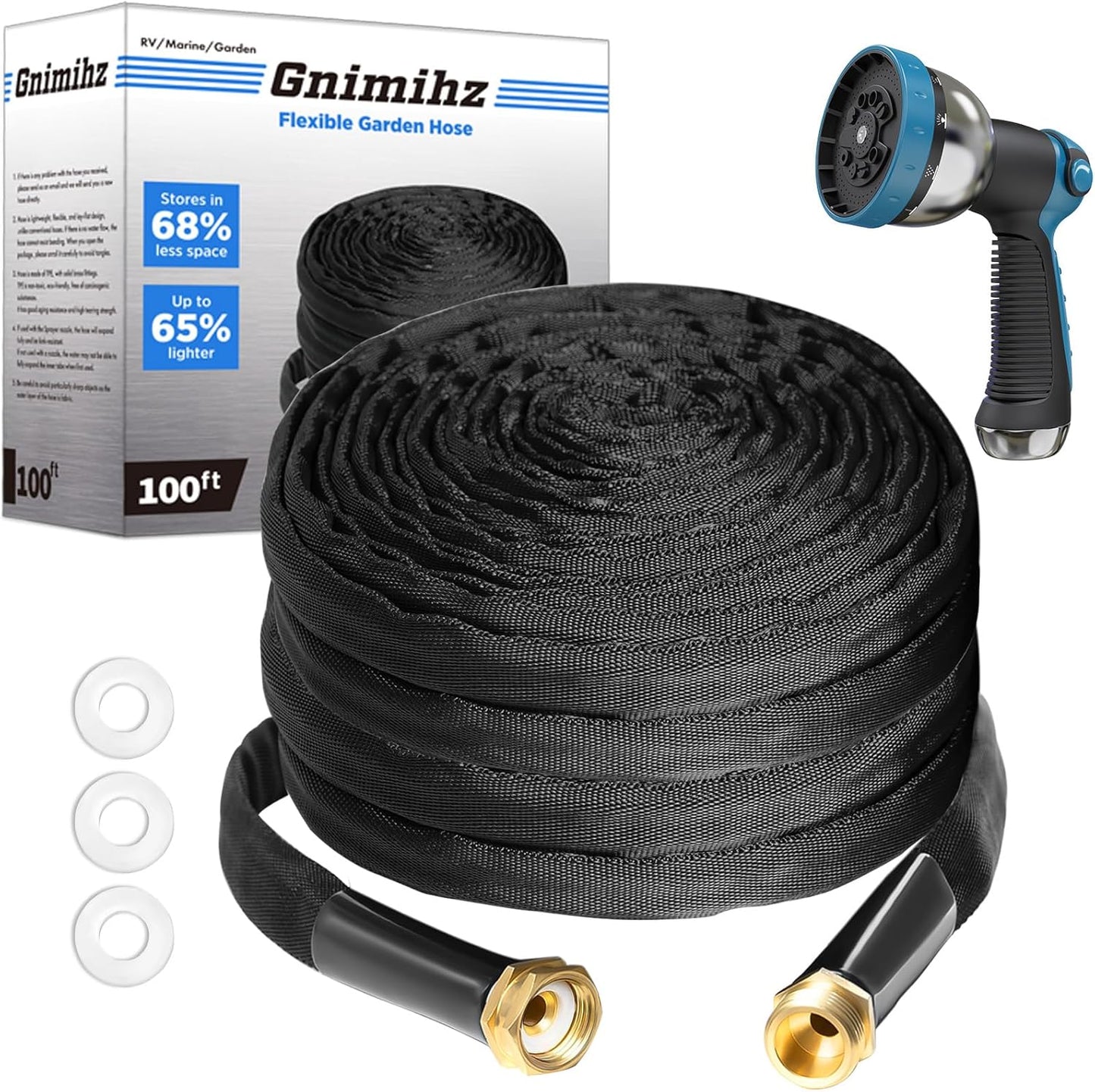 Garden Hose 100ft, Made of TPE(BetterThan PVC), with 10 Patterns Sprayer Nozzle, Ultra-Light & Flexible Water Hose with Solid Brass Fittings, Non-Shrinking, Drinking Water Safe Material