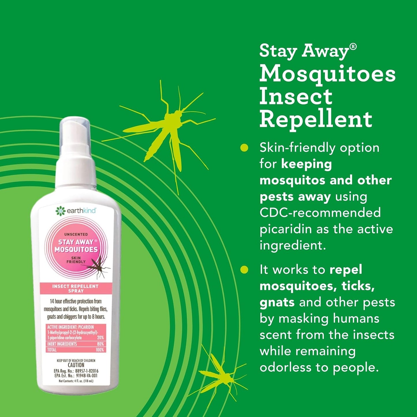 EarthKind Stay Away Mosquitoes Insect Repellent - Plant-Based, Unscented Mosquito Body Spray with Picaridin - Up to 14-Hour Protection - Safe for Children When Used As Directed - 4-Oz (1-Pack)