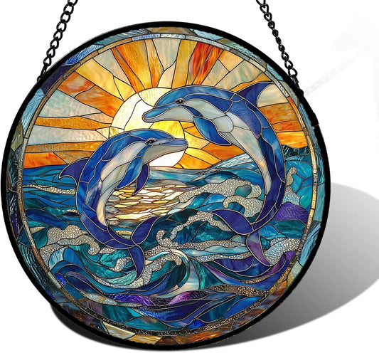 Stained Glass Window Hanging, Blue Dolphin Sun Catchers Colorful Glass Panel Sunrise Sea View Suncatcher Decor for Birthday for Women, Men, Wife, Aunt, and Mom 9.8 in