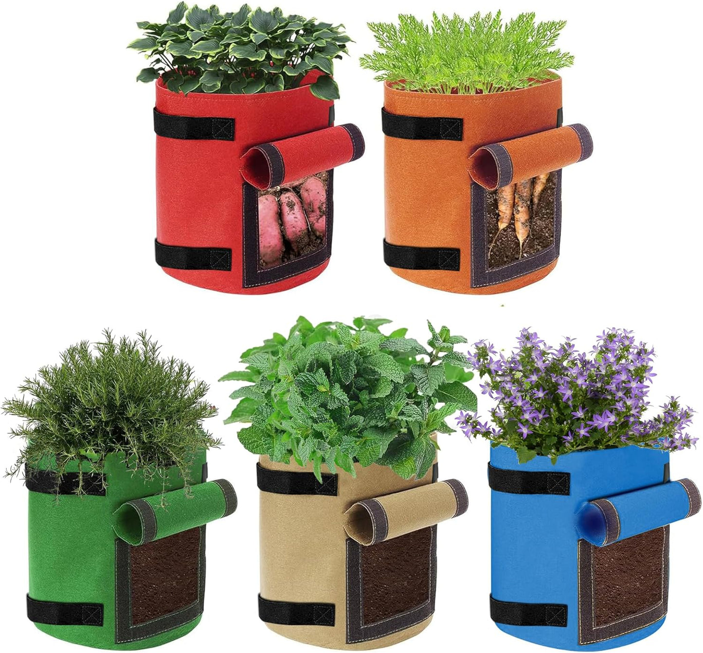 KONGDY 5 Pack 10 Gallon Potato Grow Bags, Heavy Duty Thick Aeration Nonwoven Fabric Pots with Handles, Colorful Plant Grow Bags for Outdoor Garden Potato, Tomato and Vegetables