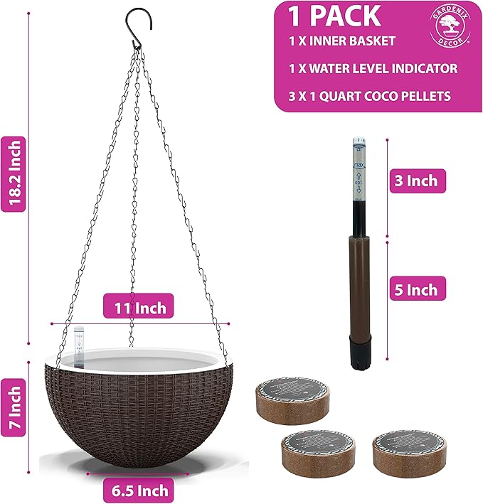 GARDENIX DECOR Self Watering Hanging Planter, 11'' Indoor, Brown, Coco Coir, with Water Level Indicator, Round, 1 Pack